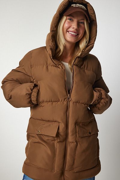 Happiness İstanbul Dámská karamelová bunda Puffer s kapucí HK00023