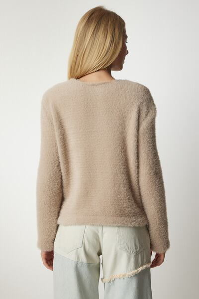 Happiness İstanbul Dámský béžový měkký vousatý pletený cardigan NF00067