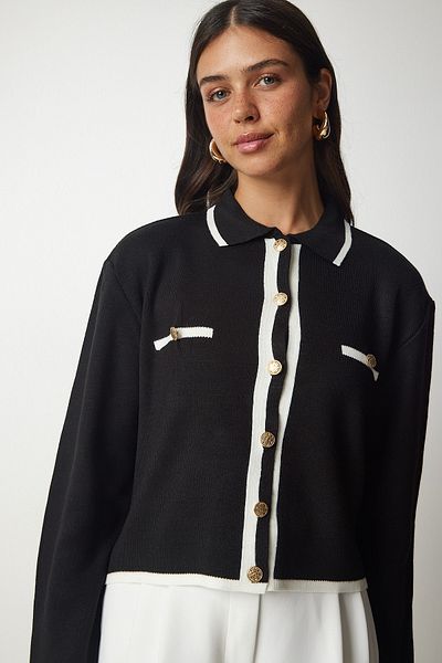 Happiness İstanbul Schwarze Strickjacke mit Streifendetail für Damen YY00160
