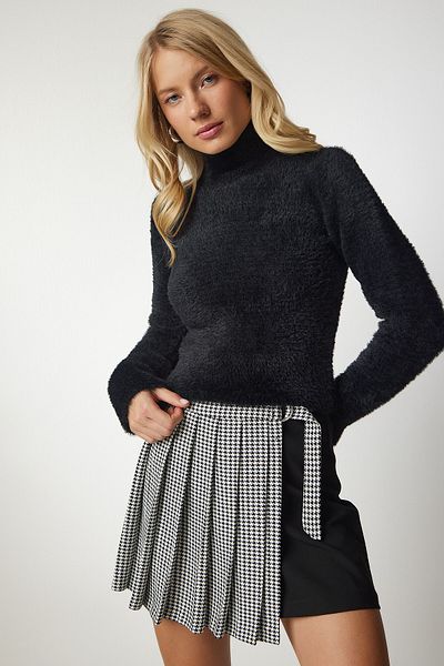 Happiness İstanbul Pulover de damă negru cu gât tricotat cu barbă NF00071