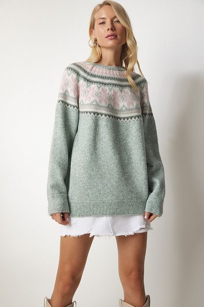 Happiness İstanbul Women's Nile Green Patterned Comfortable Knitwear Sweater NV00064