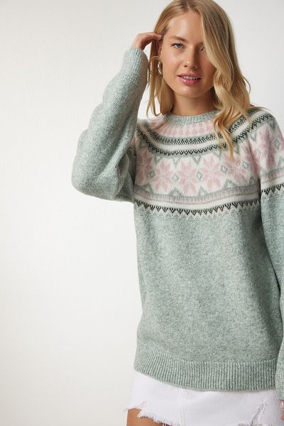 Happiness İstanbul Women's Nile Green Patterned Comfortable Knitwear Sweater NV00064