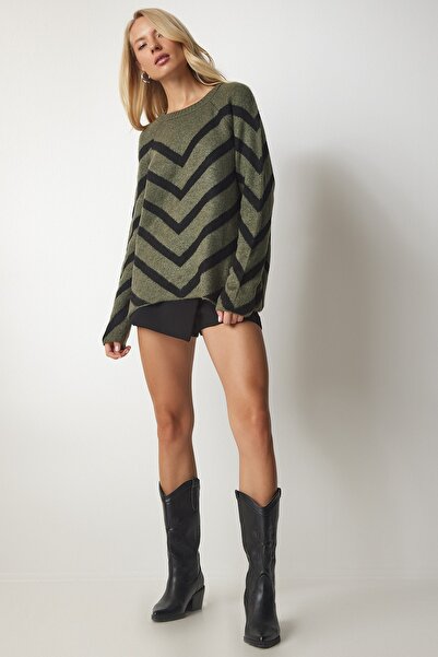 Happiness İstanbul Pulover Kaki cu dungi NV00061