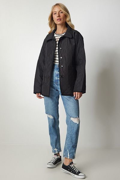 Happiness İstanbul Women's Black Shirt Collar Seasonal Quilted Jacket RV00133