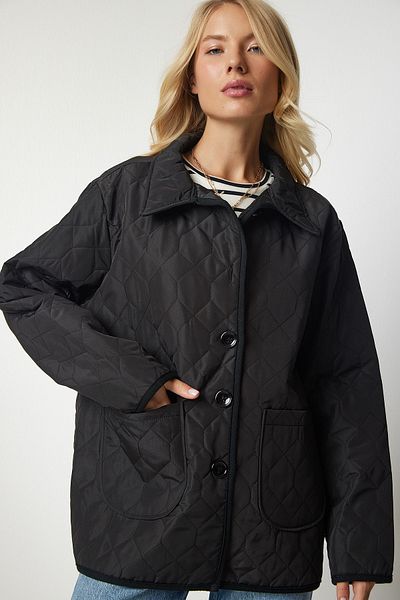 Happiness İstanbul Women's Black Shirt Collar Seasonal Quilted Jacket RV00133