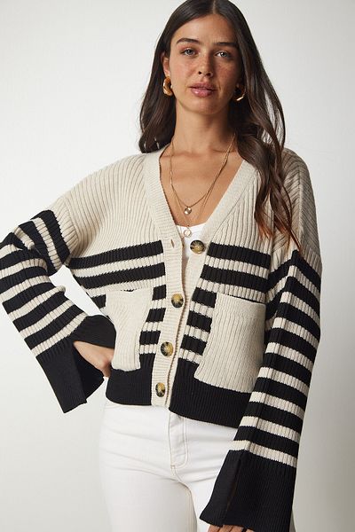 Happiness İstanbul Beige-schwarz gestreifte Strickjacke mit Tasche für Damen BV00106