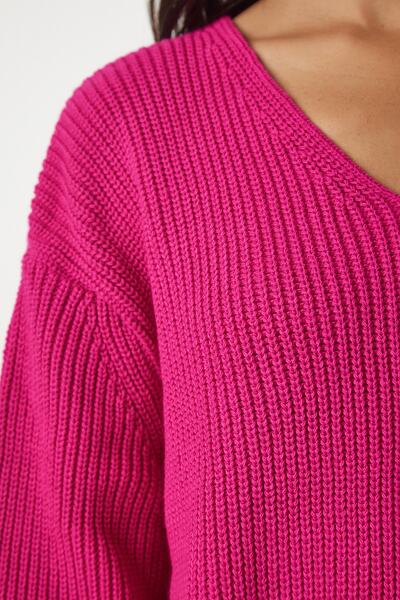 Happiness İstanbul Rosa Oversize-Strickpullover mit V-Ausschnitt für Damen, Basic, MX00130