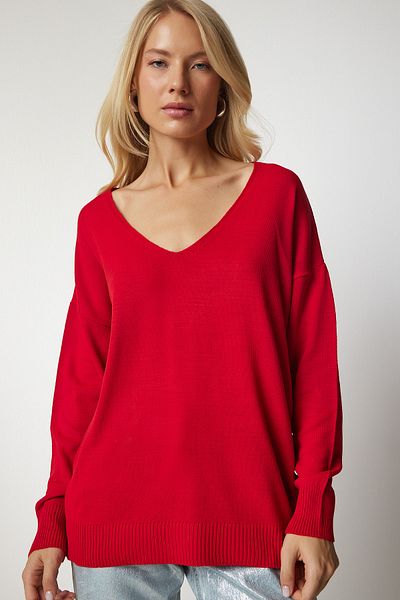 Happiness İstanbul Damski sweter z cienkiej dzianiny w kolorze czerwonym, z dekoltem w kształcie litery V, PN00078