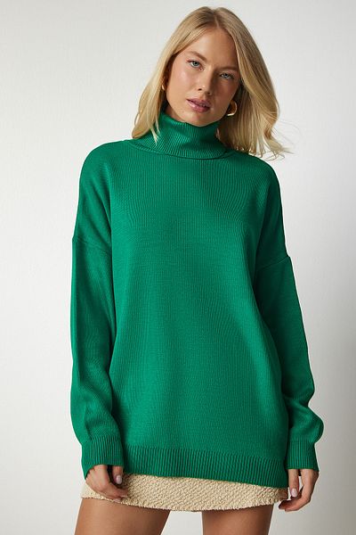 Happiness İstanbul Women's Green Turtleneck Oversize Knitwear Sweater BV00084