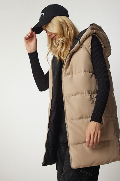 Happiness İstanbul Beige-schwarze doppelseitige Pufferweste mit Kapuze für Damen GZ00001