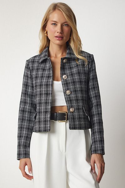 Happiness İstanbul Jachetă neagră de tweed cu nasturi pentru femei HG00005