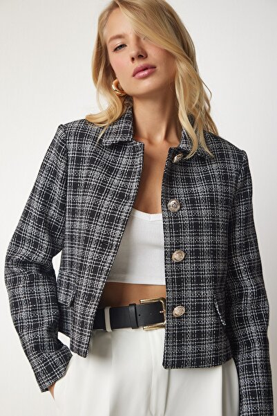 Happiness İstanbul Dámská černá tvídová bunda s knoflíky HG00005