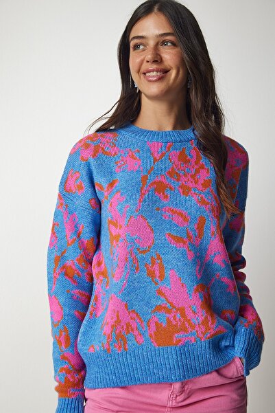 Happiness İstanbul Női világoskék mintás kötöttáru pulóver BV00097