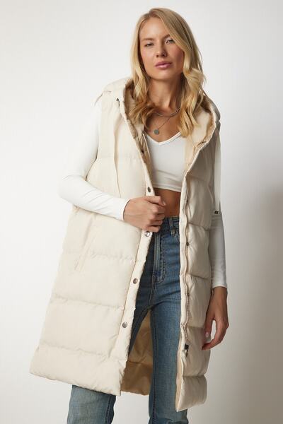 Happiness İstanbul Dámská krémová dlouhá vesta s kapucí VP00003