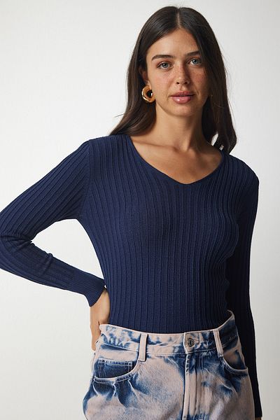 Happiness İstanbul Women's Navy Blue V-Neck Ribbed Basic Blouse BV00096