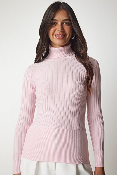 Happiness İstanbul Női világos rózsaszín garbó bordás Basic pulóver bv00095