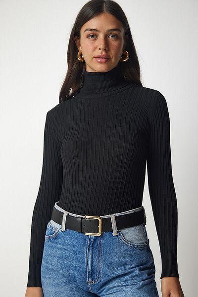 Happiness İstanbul Pulover de bază cu guler negru cu nervuri pentru femei bv00095