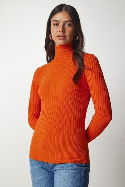 Happiness İstanbul Women's Orange Turtleneck Ribbed Basic Sweater bv00095