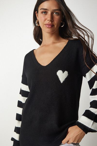 Happiness İstanbul Pulover de damă, colorat, cu decolteu în V, bloc alb-negru, tricot KI00092
