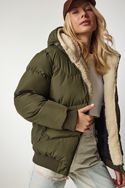 Happiness İstanbul Dámská khaki bunda Puffer s kapucí VP00006