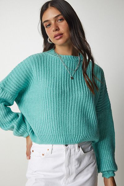 Happiness İstanbul Wassergrünes Damen-Sweatshirt mit Ballonärmeln und Strickmuster BV00098