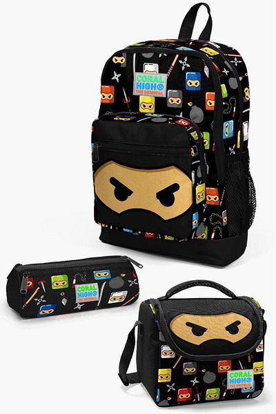 Coral High Set de geanți de școală din 3 piese cu model Ninja negru pentru copii SET0123473