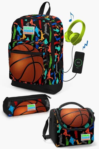 Coral High Kids Black Basketball Patterned 3-Piece School Bag Set with USB SE...