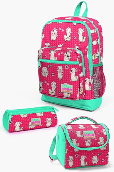 Coral High طقم حقائب مدرسية من 3 قطع بنمط المرجان النيون والأخضر الألبكة للأط...