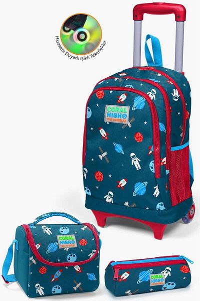 Coral High Set de genți din 3 piese pentru copii, roșu indigo, cu model spațial, cu racletă SET0123136