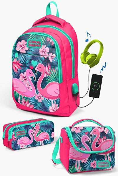 Coral High Kids Neon Coral Water Green Flamingo Patterned 3-Piece School Bag Set with USB SET0123416