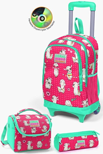 Coral High Kids Neon Coral Water Green Alpaca Patterned 3-Piece Bag Set with Squeegee SET0123364