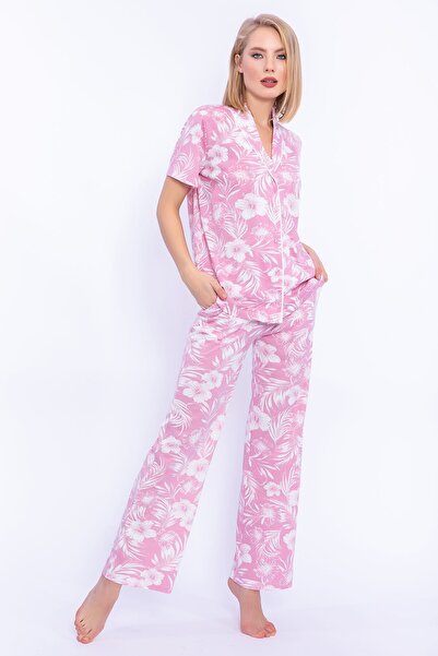 Arnetta Soft Çiçek Desenli Gül Kurusu Kadın Gömlek Pijama Takımı