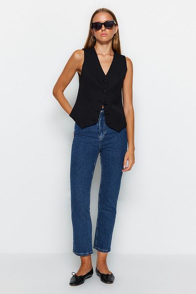 Trendyol Collection Dunkelblaue High Waist Comfort Straight Jeans TWOAW24JE00097