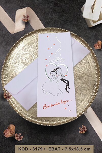 Cem Davetiye Kalpli Gelin ve Damatlı Katlamalı Düğün Davetiyesi 3179 (100 Ade...