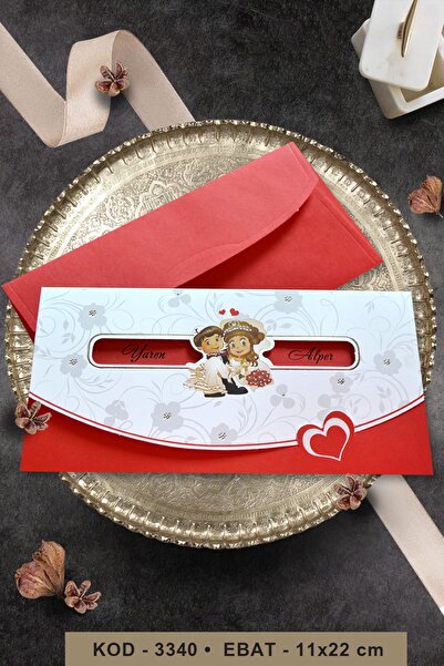 Cem Davetiye Kırmızı Gelin Damatlı Düğün Davetiyesi 3340 (100 Adet) Baskı Dahil