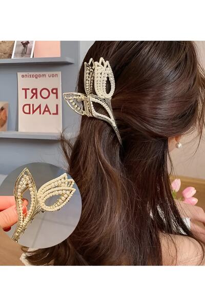 İLKYAZ ACCESSORY Gold Tulip Shaped Pearled Latch Buckle