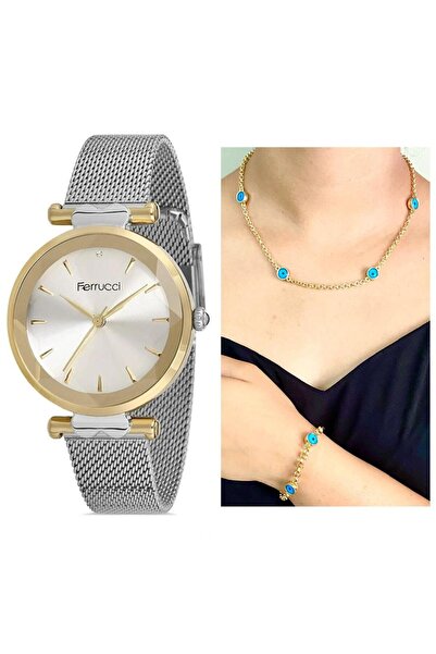 Ferrucci Sade Şık 1. Sınıf Çelik Kadın Kol Saat+ Nazarlıklı Kolye Bileklik Set