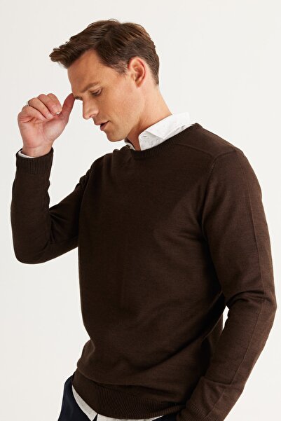 ALTINYILDIZ CLASSICS Men's Brown Wool Standard Fit Regular Cut Crew Neck Knitwear Sweater