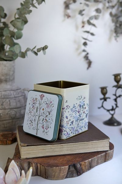 EVLE Er024-2e Botanica Yellow Patterned Square Metal Storage Container 12x12 Cm