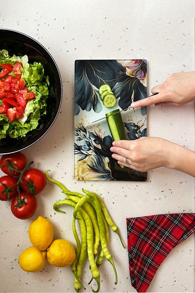 Decorita Glass Cutting Plate - Glass Cutting Board| Black Garden| 17cm x 29cm
