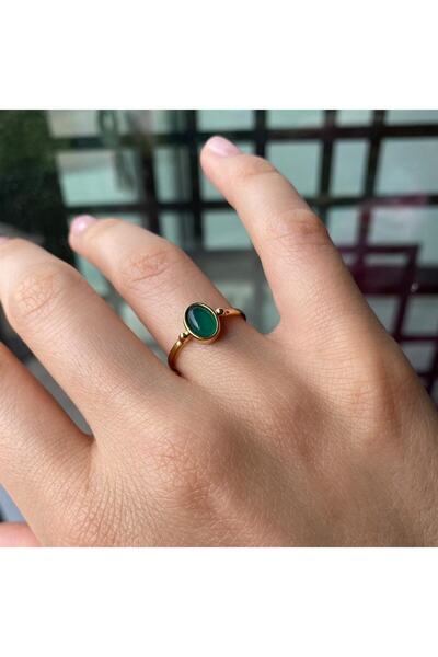 HEMS JEWELLERY 14 Ayar Altın Yeşil Akik Taşlı Yüzük
