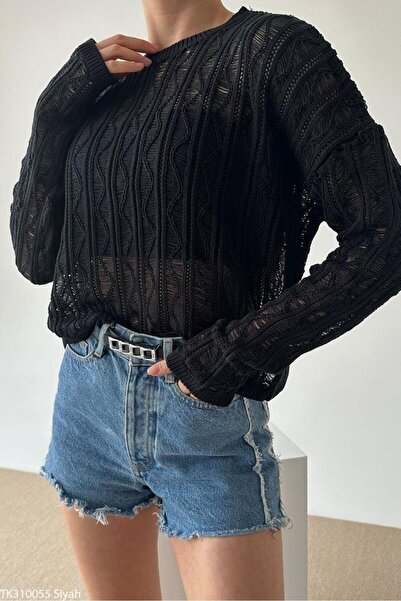 De Pose Дамска пролетна блуза с ажурен зигзаг, черна