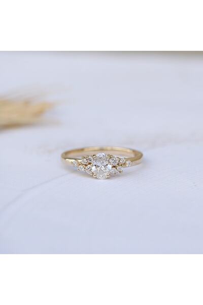 INZA mücevherat 0.50 CT Vintage Özel Tasarım Oval Asimetri Pırlanta Yüzük