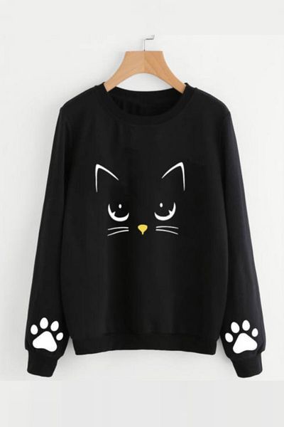 MODAGEN Černá oversize dámská mikina Meow Cat s potiskem
