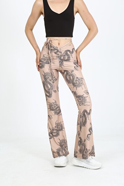 EDSA Ejderha Baskılı Bel Bağlama Detaylı Bej Kadın Ispanyol Paça Pantolon