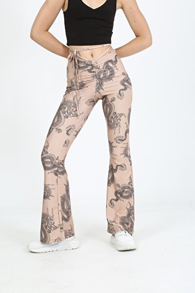EDSA Ejderha Baskılı Bel Bağlama Detaylı Bej Kadın Ispanyol Paça Pantolon