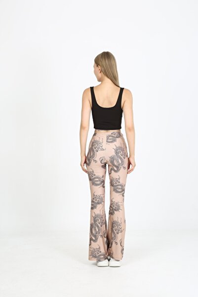 EDSA Ejderha Baskılı Bel Bağlama Detaylı Bej Kadın Ispanyol Paça Pantolon