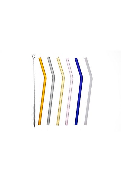 CAMBURADA CAMGEN Glass Straw 8*200 Mm Colored Curved 6-Piece + Brush Set