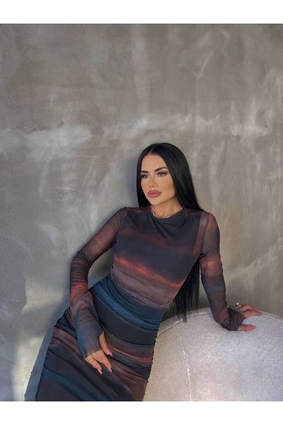 bymaestro woman Rochie de damă cu mânecă lungă, lungime midi, drapeată din tul bleumarin