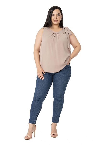 DISENTIS MODEST Plus Size Collar Pleated Lined Sleeveless Mink Blouse with Ribbon Detail on the Shoulder
